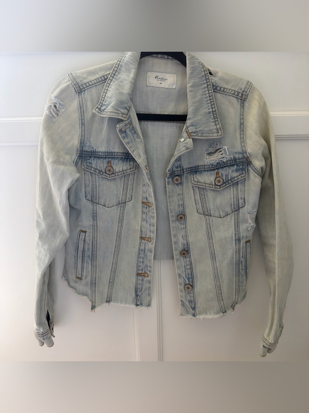 Kancan Cropped Distressed Light Wash Denim Jacket
